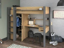 Hoogslaper Met Bureau En Kast - 90X200Cm - Naturel En Antraciet - Auckland-Vente-unique Online