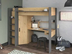 Hoogslaper Met Bureau En Kast - 90X200Cm - Naturel En Antraciet - Auckland-Vente-unique Online