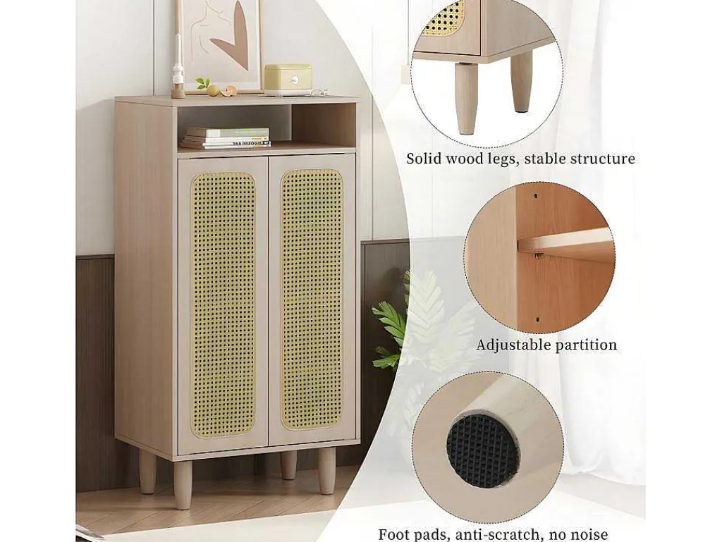 Houten Schoenenkast - 2 Rotan Deuren En 3 Verstelbare Interne Planken - Naturel-ModernLuxe Hot