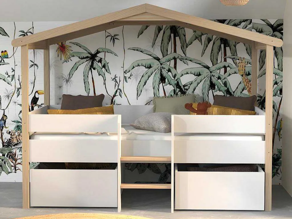 Hutbed Sarosi Met Laden - 90 X 190 Cm - Linden - Wit En Eiken-Vente-unique