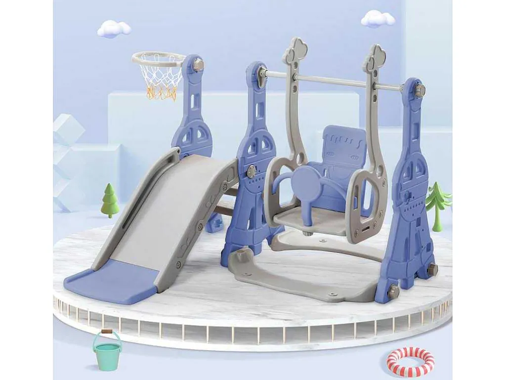 4-In-1 Glijbaan Met Schommel En Basketbalstandaard Voor Kinderen, Klimladder, Voor Binnen En Buiten, Blauw-Vente-unique Best
