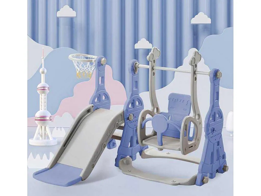 4-In-1 Glijbaan Met Schommel En Basketbalstandaard Voor Kinderen, Klimladder, Voor Binnen En Buiten, Blauw-Vente-unique Best