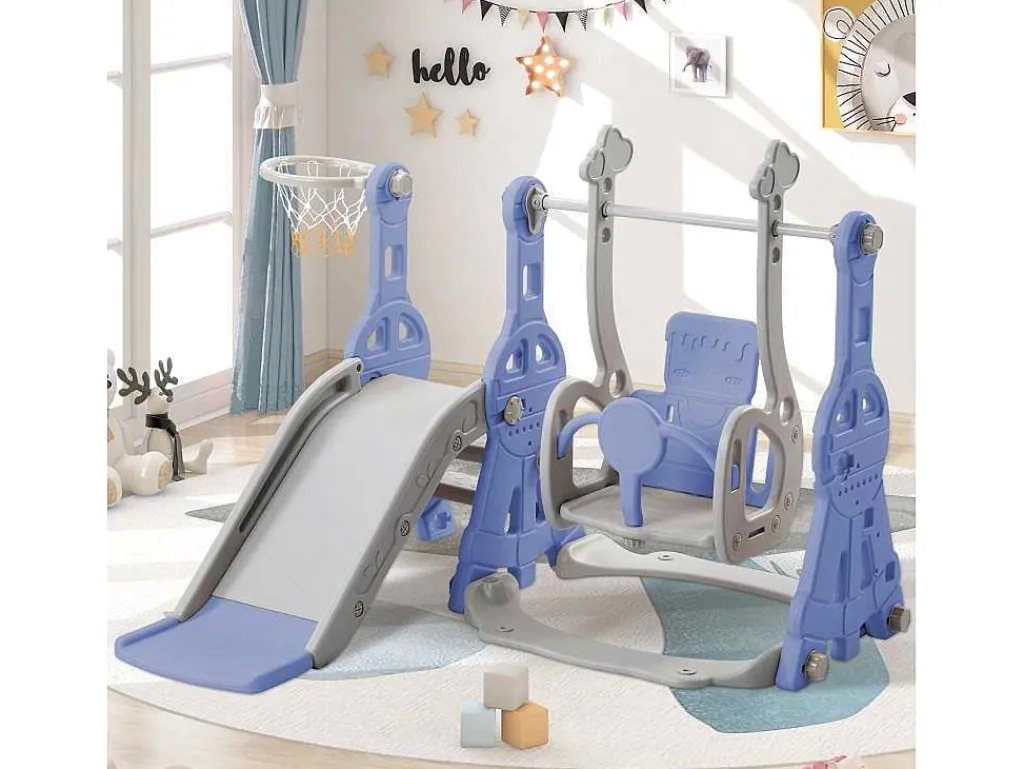 4-In-1 Glijbaan Met Schommel En Basketbalstandaard Voor Kinderen, Klimladder, Voor Binnen En Buiten, Blauw-Vente-unique Best