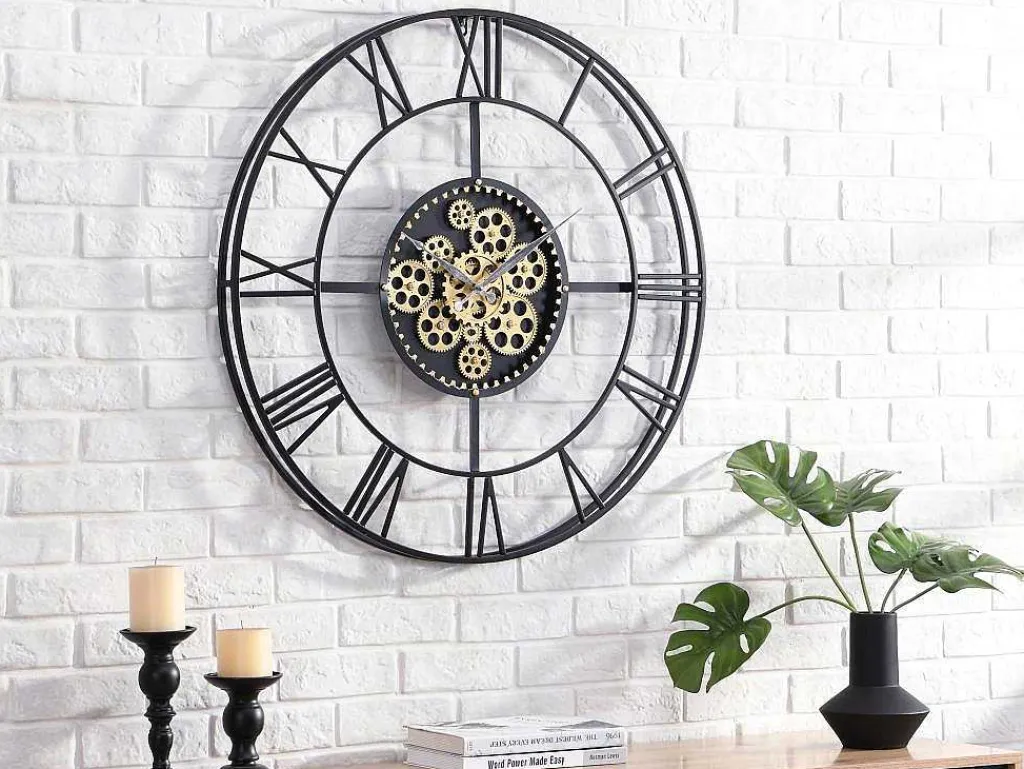 Industriele Wandklok - D80 Cm - Metaal - Zwart En Goudkleurig - Karial-Vente-unique