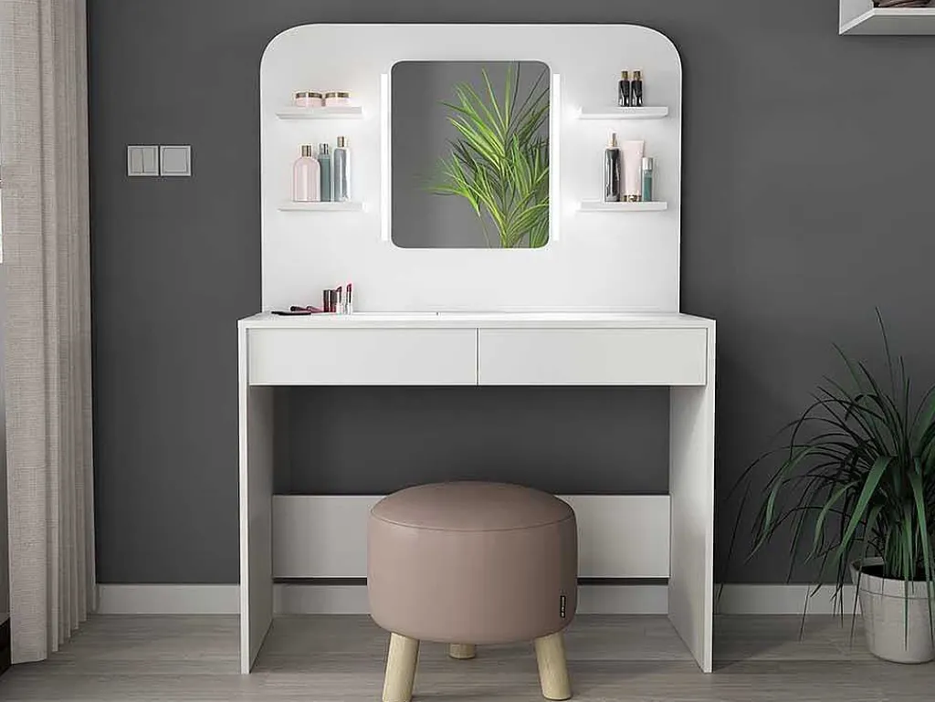 Kaptafel Amalia - Spiegel Met Ledverlichting En Opbergruimtes - Wit-Vente-unique Clearance
