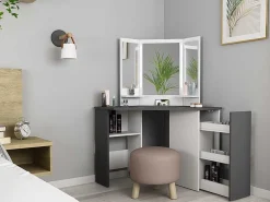 Kaptafel Charlene - Spiegel Met Ledverlichting En Opbergruimtes - Wit En Grijs-Vente-unique Discount