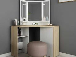 Kaptafel Charlene - Spiegel Met Ledverlichting En Opbergruimtes - Wit En Grijs-Vente-unique Discount