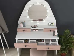 Kaptafel Gabriela - Spiegel Met Ledverlichting En Opbergruimtes - Wit En Roze-Vente-unique Sale