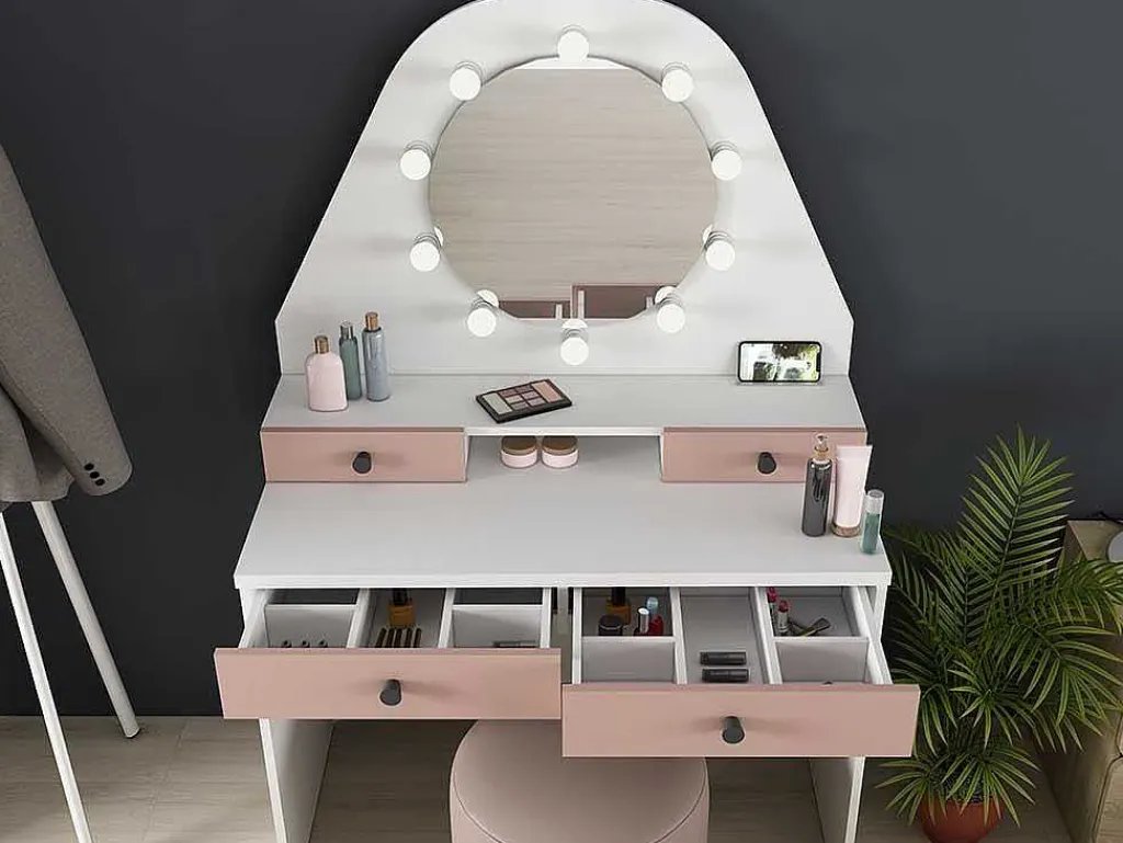 Kaptafel Gabriela - Spiegel Met Ledverlichting En Opbergruimtes - Wit En Roze-Vente-unique Sale