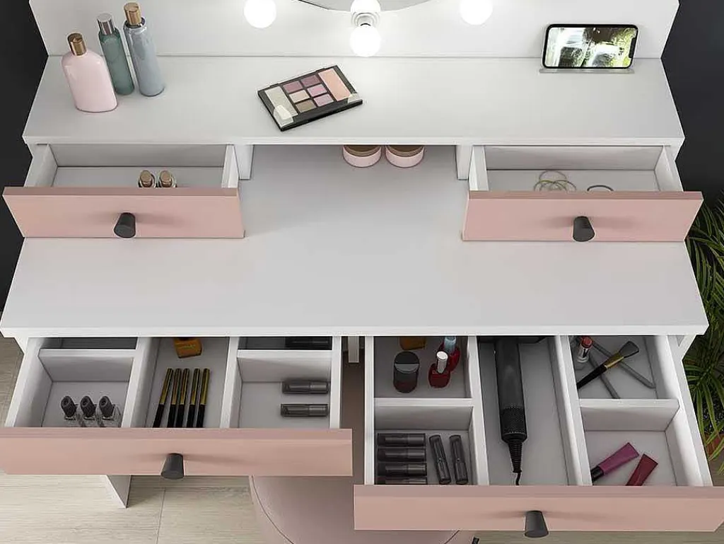 Kaptafel Gabriela - Spiegel Met Ledverlichting En Opbergruimtes - Wit En Roze-Vente-unique Sale