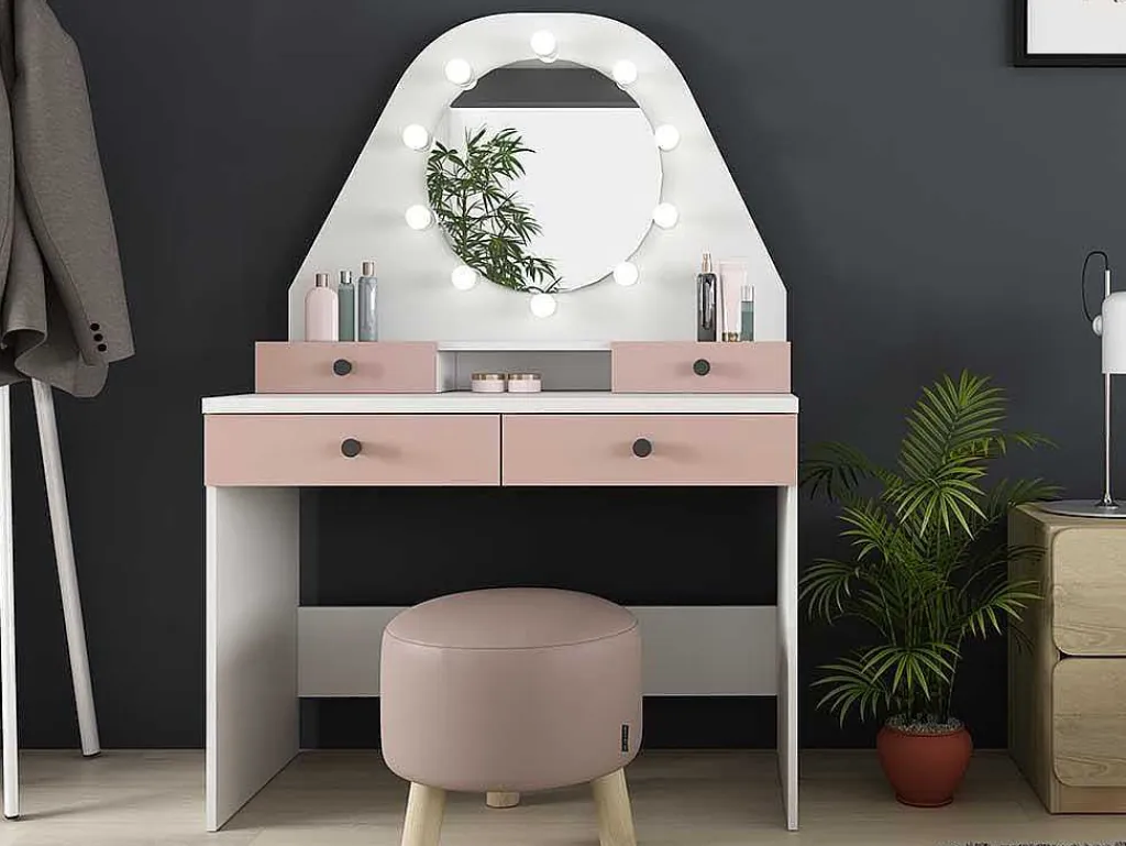 Kaptafel Gabriela - Spiegel Met Ledverlichting En Opbergruimtes - Wit En Roze-Vente-unique Sale