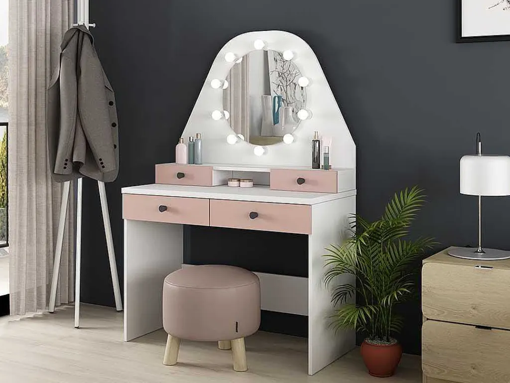 Kaptafel Gabriela - Spiegel Met Ledverlichting En Opbergruimtes - Wit En Roze-Vente-unique Sale