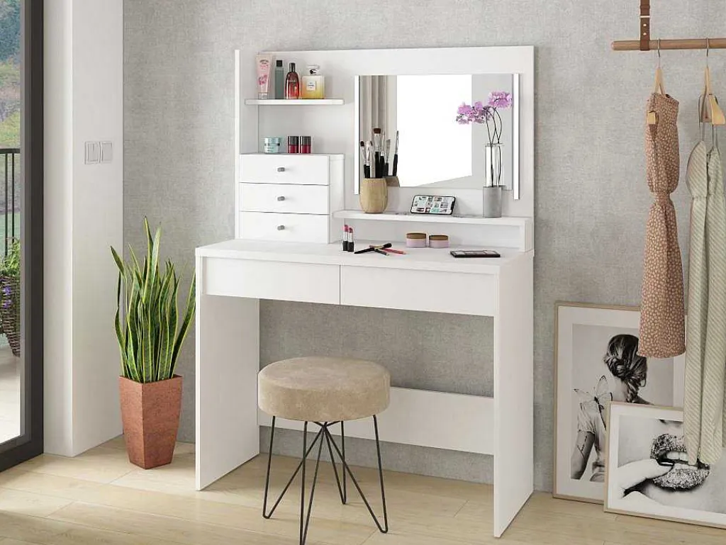 Kaptafel Giuliana - Spiegel + Ledverlichting En Opbergruimte - Wit-Vente-unique Best