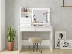 Kaptafel Giuliana - Spiegel + Ledverlichting En Opbergruimte - Wit-Vente-unique Best