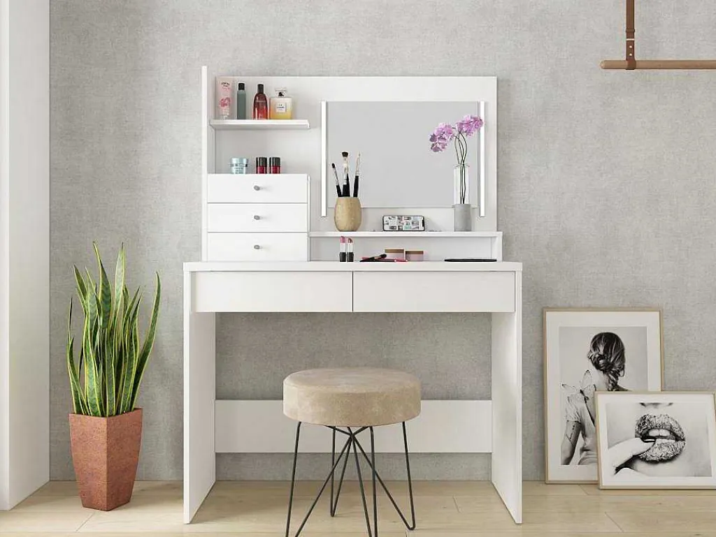 Kaptafel Giuliana - Spiegel + Ledverlichting En Opbergruimte - Wit-Vente-unique Best