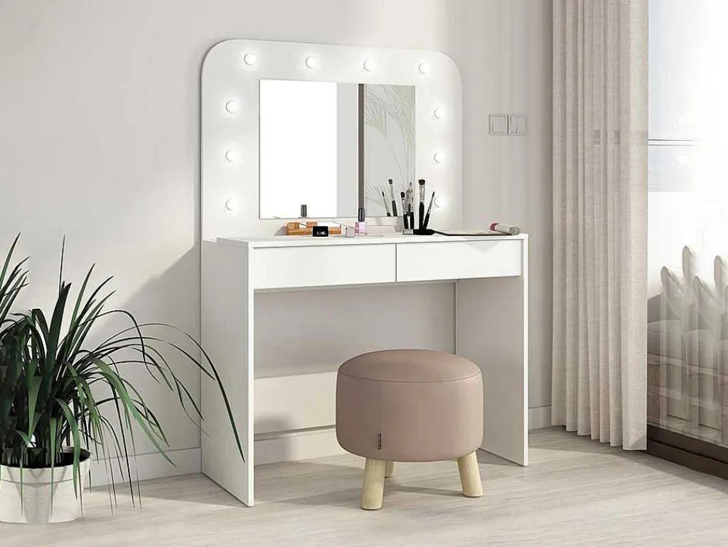 Kaptafel Jospehine - Led-Spiegel En Opbergruimte - Wit-Vente-unique Clearance