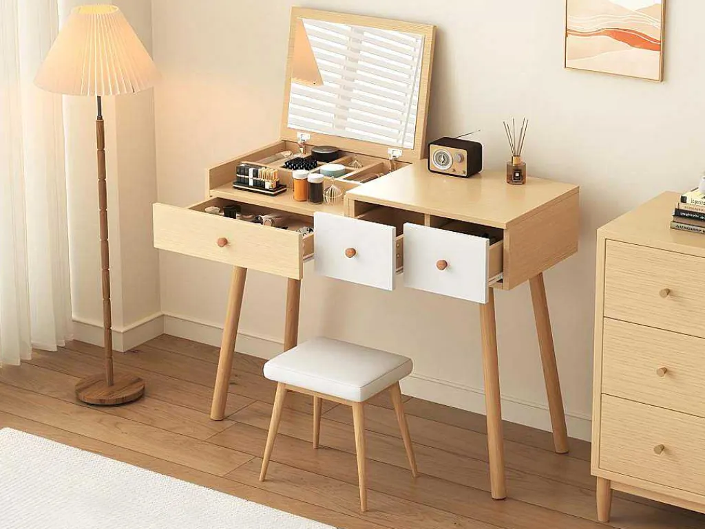 Kaptafel Met Opbergspiegel, 3 Laden, Meerdere Opbergvakken, Grote Opbergcapaciteit - Naturel (Kruk Niet Inbegrepen)-ModernLuxe Online