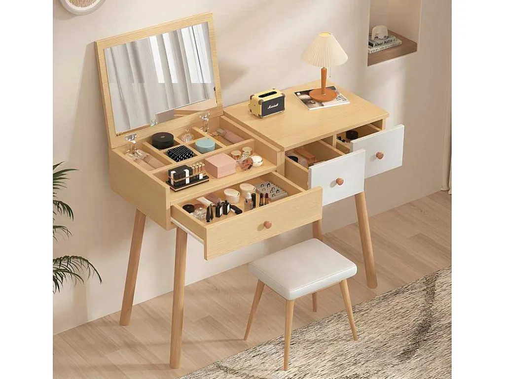 Kaptafel Met Opbergspiegel, 3 Laden, Meerdere Opbergvakken, Grote Opbergcapaciteit - Naturel (Kruk Niet Inbegrepen)-ModernLuxe Online