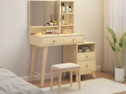 Kaptafel Met Spiegel - 4 Open Vakken En 4 Grote Lades - Naturel (Kruk Niet Inbegrepen)-ModernLuxe Outlet