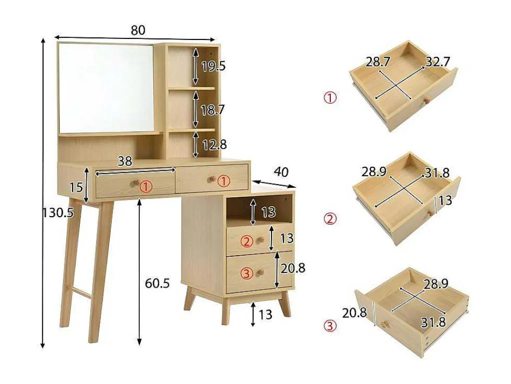 Kaptafel Met Spiegel - 4 Open Vakken En 4 Grote Lades - Naturel (Kruk Niet Inbegrepen)-ModernLuxe Outlet