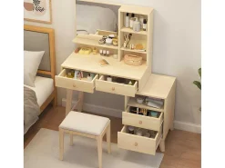 Kaptafel Met Spiegel - 4 Open Vakken En 4 Grote Lades - Naturel (Kruk Niet Inbegrepen)-ModernLuxe Outlet