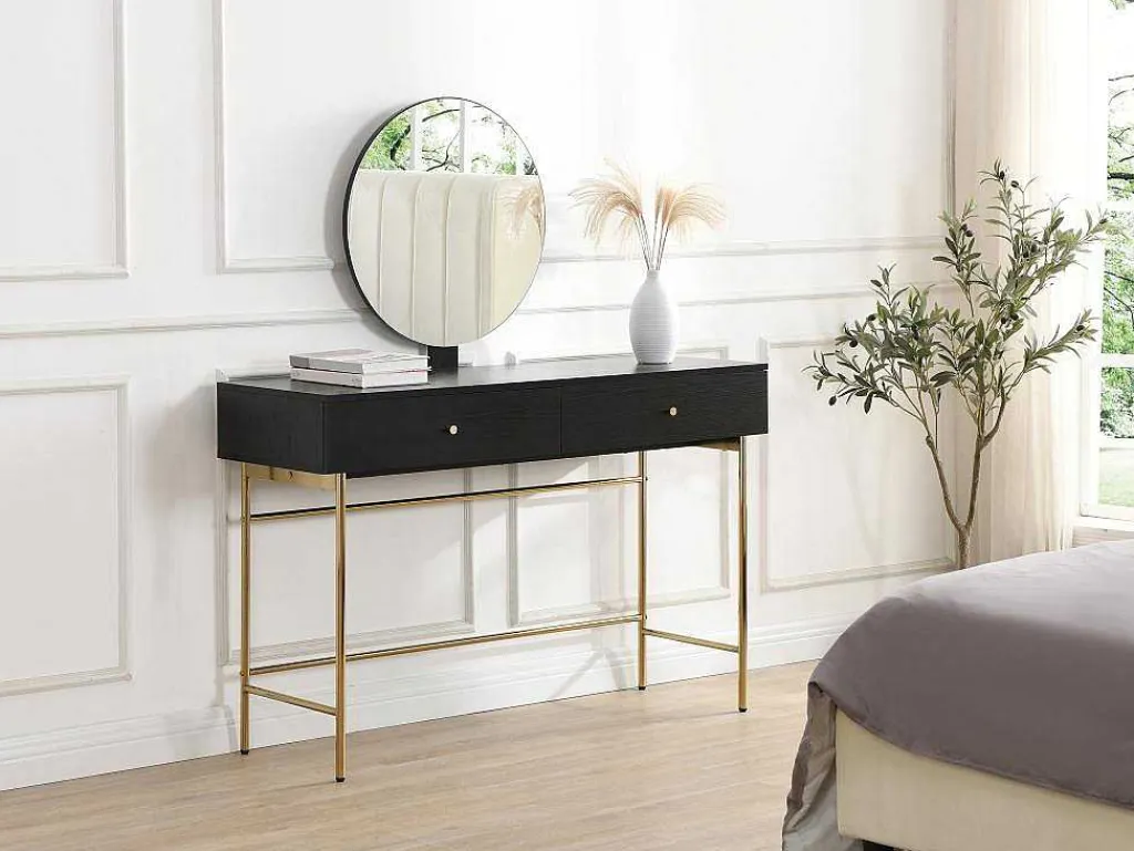 Kaptafel Met Spiegel En 2 Lades - Mdf En Staal - Zwart En Goud - Milavia Van-PASCAL MORABITO Hot