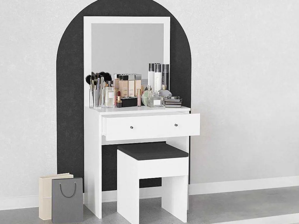 Kaptafel Met Spiegel En Kruk - 1 Lade - Wit - Abonia-Vente-unique Discount