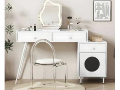 Kaptafel Met Spiegel En Led-Verlichting - 2 Lades En Een Uitneembare Kast - Wit (Kruk Niet Inbegrepen)-ModernLuxe