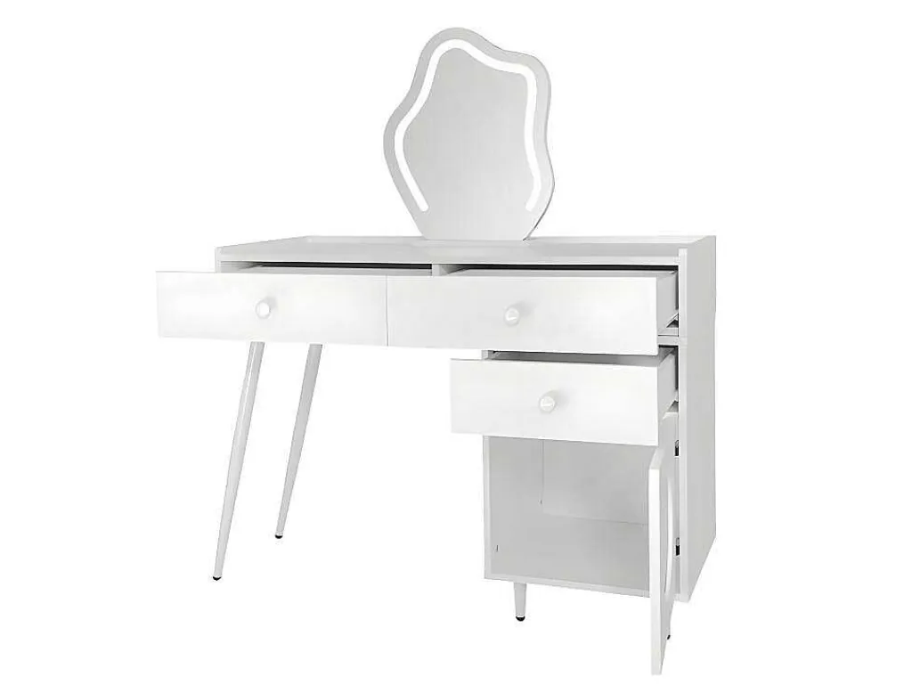 Kaptafel Met Spiegel En Led-Verlichting - 2 Lades En Een Uitneembare Kast - Wit (Kruk Niet Inbegrepen)-ModernLuxe