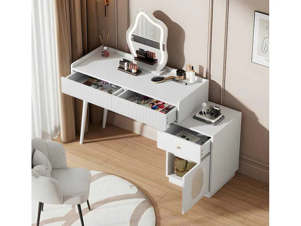 Kaptafel Met Spiegel En Led-Verlichting - 2 Lades En Een Uitneembare Kast - Wit (Kruk Niet Inbegrepen)-ModernLuxe Hot