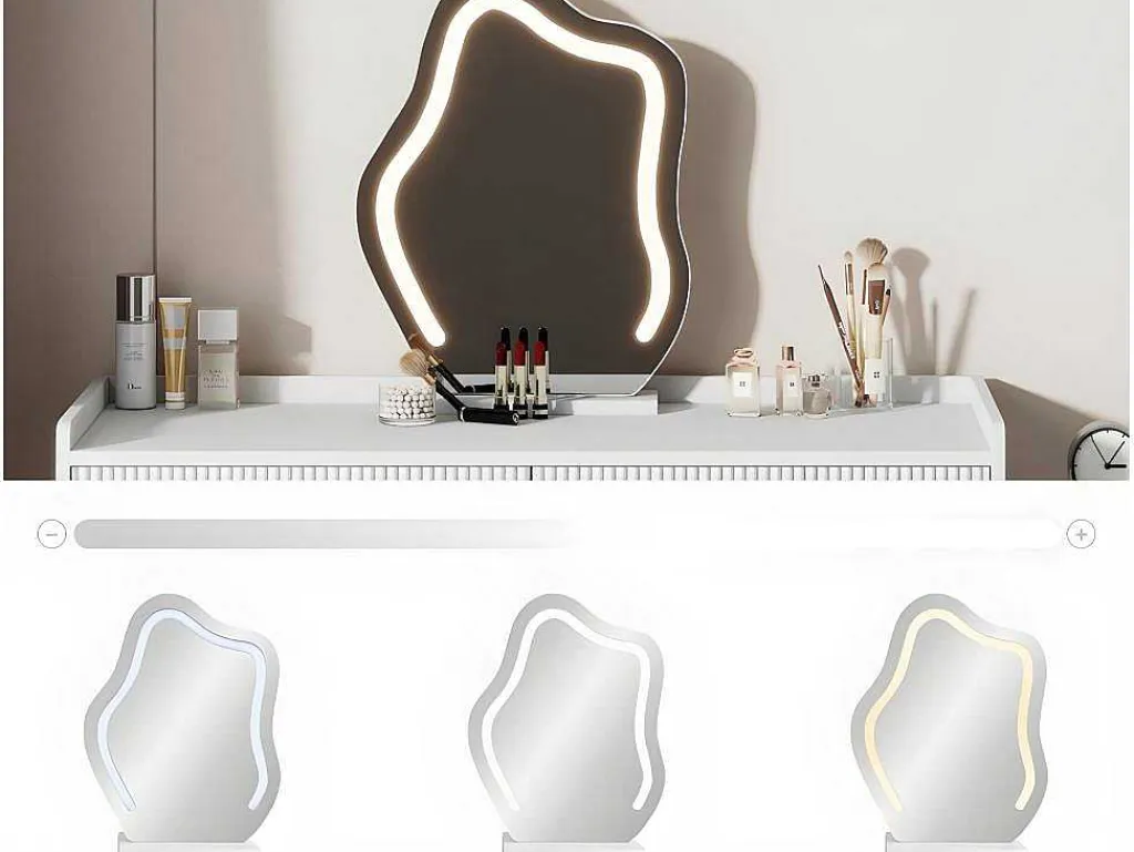 Kaptafel Met Spiegel En Led-Verlichting - 2 Lades En Een Uitneembare Kast - Wit (Kruk Niet Inbegrepen)-ModernLuxe Hot