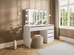 Kaptafel Met Spiegel En Ledverlichting - 5 Lades - Glanzend Wit - Jenemi-Vente-unique New