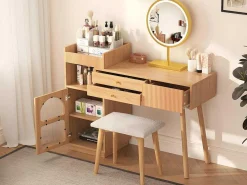 Kaptafel Met Spiegel En Led-Verlichting - 3 Lades En Een Zijkastje - Naturel (Kruk Niet Inbegrepen)-ModernLuxe Sale
