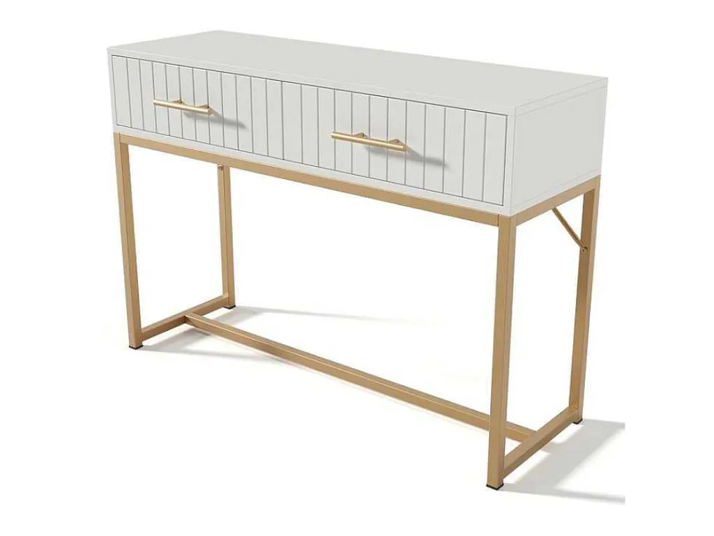 Kaptafel Versierd Met Verticale Strepen - H 75 Cm - Met 2 Laden En Metalen Onderstel - Wit-ModernLuxe Sale