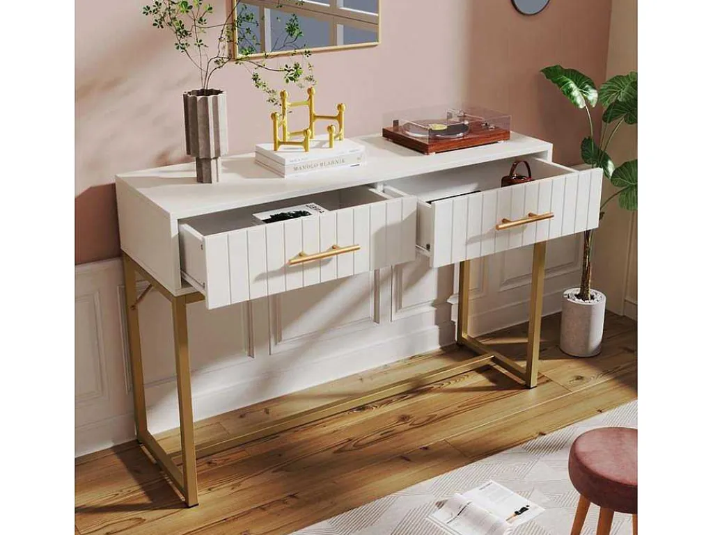 Kaptafel Versierd Met Verticale Strepen - H 75 Cm - Met 2 Laden En Metalen Onderstel - Wit-ModernLuxe Sale
