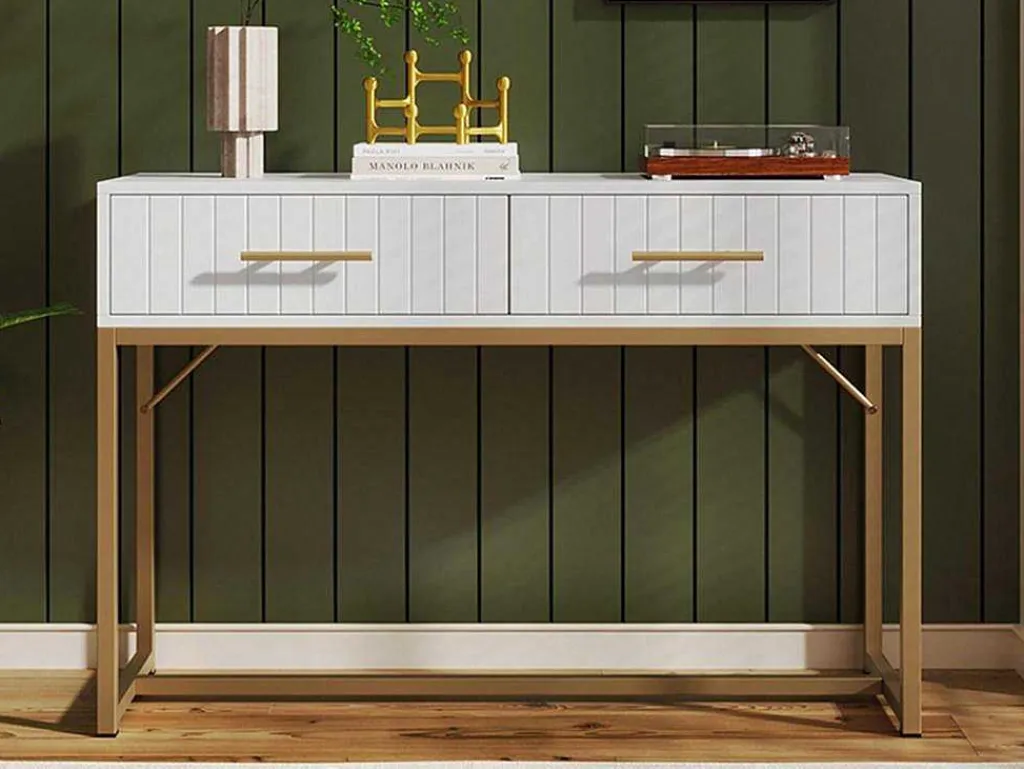Kaptafel Versierd Met Verticale Strepen - H 75 Cm - Met 2 Laden En Metalen Onderstel - Wit-ModernLuxe Sale