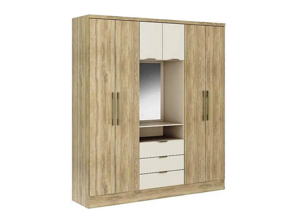 Kast Met 6 Deuren En 3 Lades - Met Spiegel - L180 Cm - Kleur: Naturel En Beige - Elorio-Vente-unique Hot