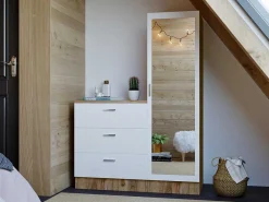 Kast Met 3 Lades En Element Met Spiegel - Wit En Houtlook - Vitorio-Vente-unique Outlet