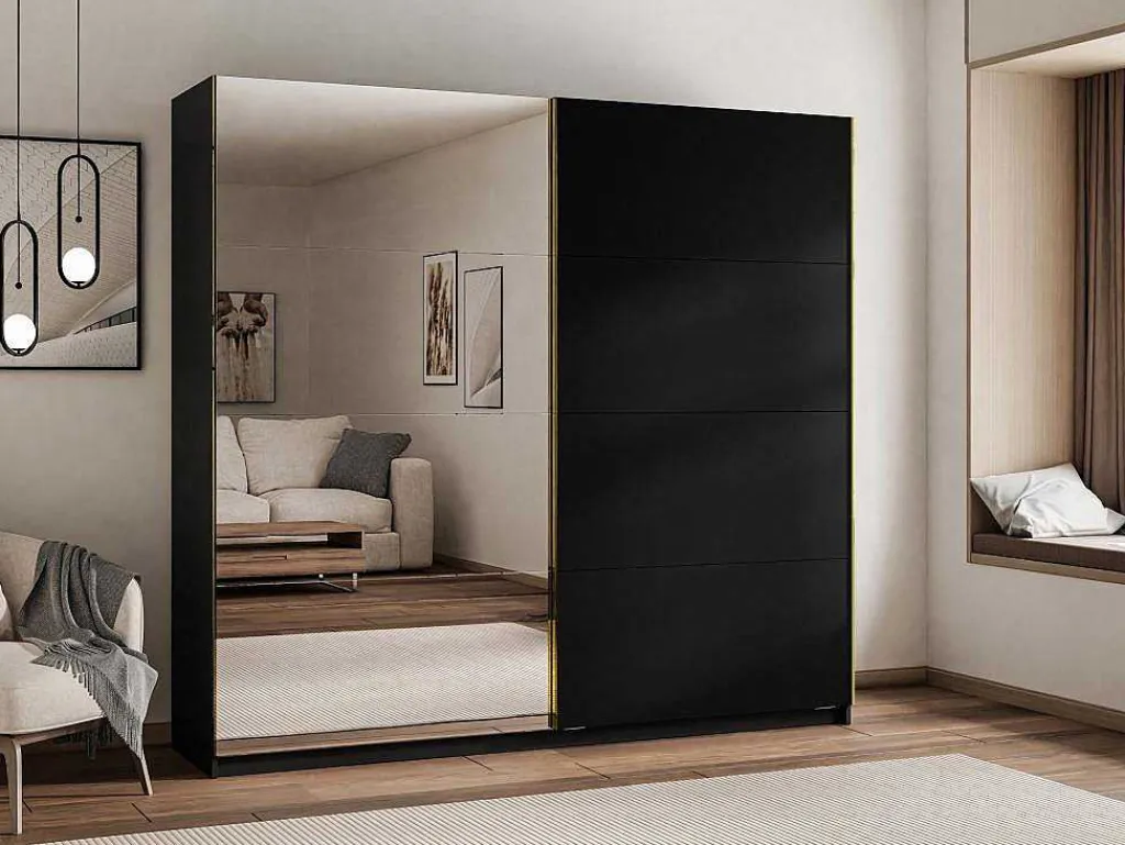 Kast Met 2 Schuifdeuren - Met Spiegel - L244 Cm - Zwart - Nimela-Vente-unique New