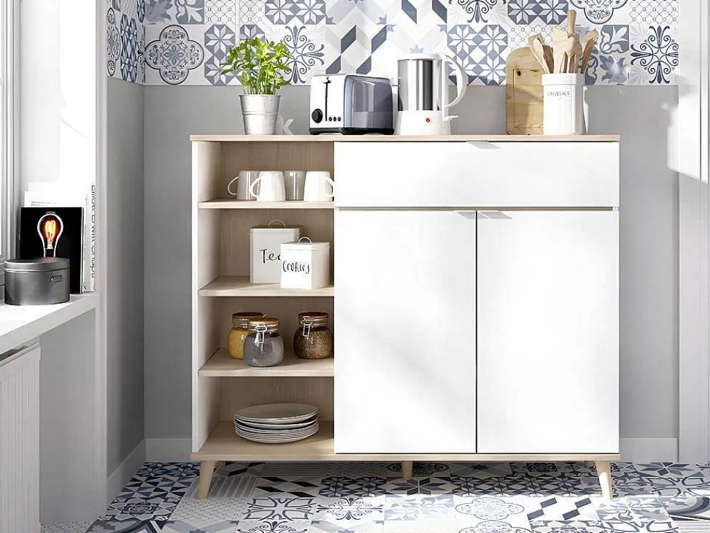 Keukenbuffet Wajdi - 2 Deuren, 1 Lade En 4 Nissen - Wit En Eiken-Vente-unique Outlet