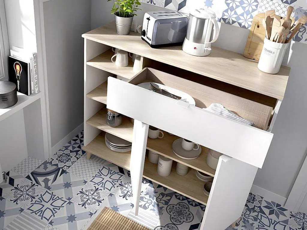 Keukenbuffet Wajdi - 2 Deuren, 1 Lade En 4 Nissen - Wit En Eiken-Vente-unique Outlet