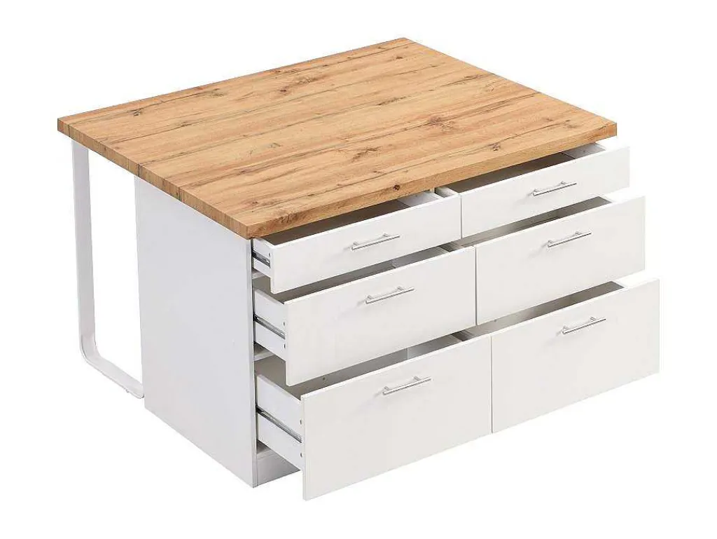 Keukeneiland Met 6 Lades Van Mdf En Metaal - Wit En Licht Naturel - Alegrita-Vente-unique Discount
