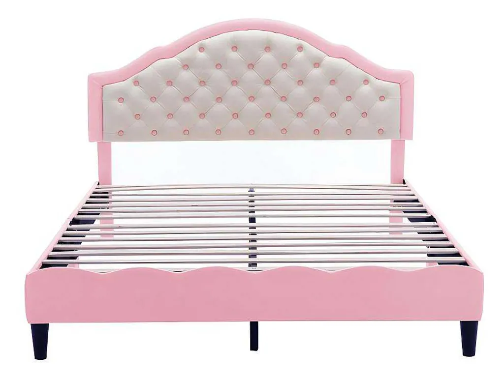 Kinderbed 140X200Cm Met Gewatteerde Rugleuning In Kunstleer - Lattenbodem - Roze-ModernLuxe Hot