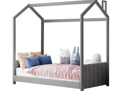 Kinderhutbed 90X200Cm In Fluweel - Lattenbodem - Grijs-ModernLuxe Discount