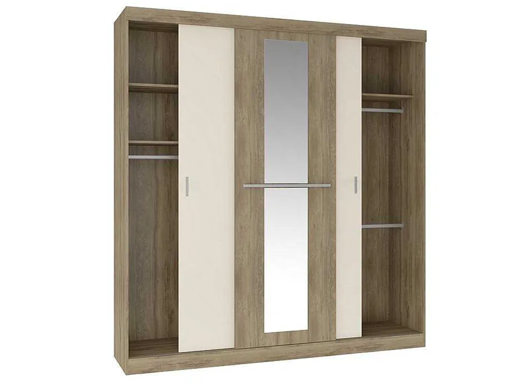 Kledingkast - 3 Schuifdeuren - Met Spiegel - L205Cm - Naturel En Beige - Didda Ii-Vente-unique Best