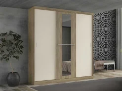 Kledingkast - 3 Schuifdeuren - Met Spiegel - L205Cm - Naturel En Beige - Didda Ii-Vente-unique Best