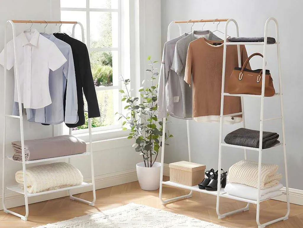 Kledingrek - L100 Cm - Wit Metaal En Beukenhout - Dogu-Vente-unique