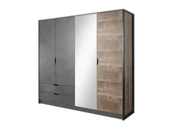 Kleerkast 4 Deuren En 2 Laden - Met Spiegel - L220 Cm - Kleur: Naturel En Antraciet - Laonile-Vente-unique