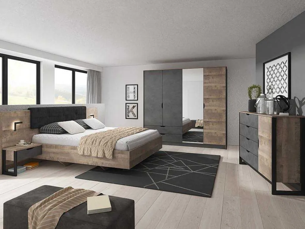 Kleerkast 4 Deuren En 2 Laden - Met Spiegel - L220 Cm - Kleur: Naturel En Antraciet - Laonile-Vente-unique