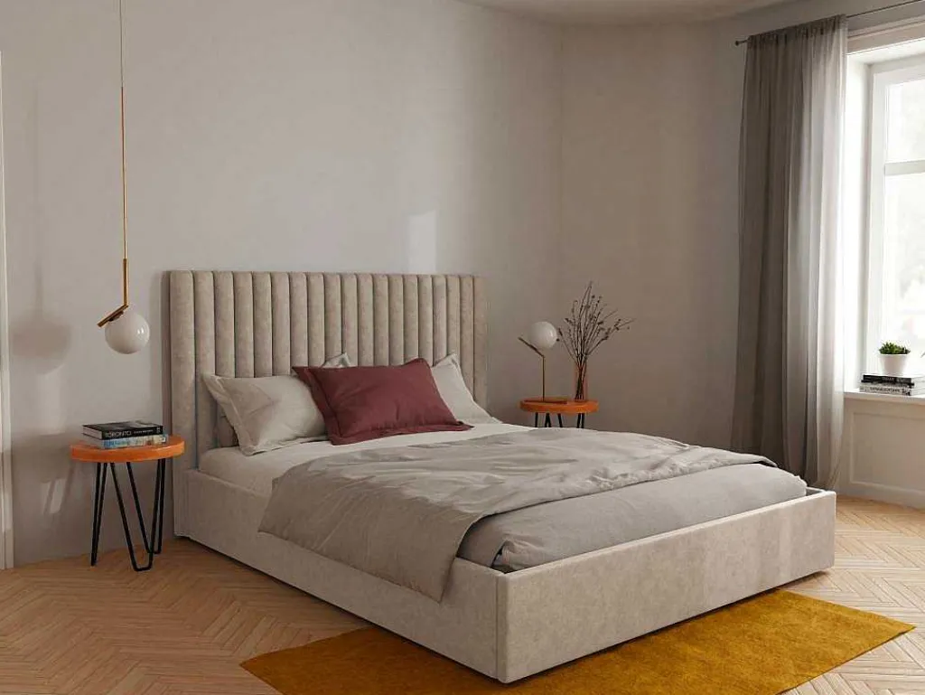 Kofferbed En Hoofdeinde Met Verticale Stiksels - 180 X 200 Cm - Stof - Beige - Sarah-Vente-unique Clearance